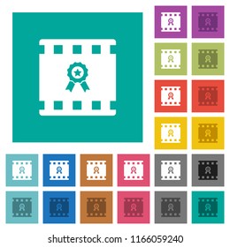 Movie award multi colored flat icons on plain square backgrounds. Included white and darker icon variations for hover or active effects.