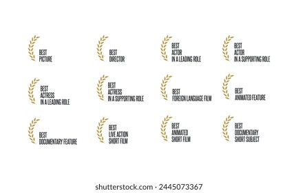 Movie award nominations and winners - best film, actor, actress, director, short, documentary, animation - black, golden and white laurel and text vector icon set