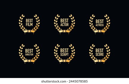 Movie award nominations and winners - best film, actor, actress, director, script, score - black, golden laurel  vector icon set