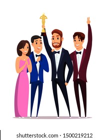 Movie award win ceremony flat vector illustration. Smiling men in tuxedos and woman in evening dress cartoon characters. Happy actor holding trophy, gold statuette. Cinema industry, show business