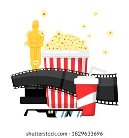 Movie background with cinema attribute as gold statue reward, film strip, pop corn bowl, soda takeaway cup, goggles vector illustration isolated on white