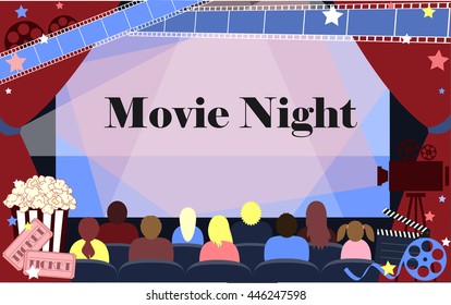 Movie background with cinema screen and people. Cinema attributes background. Flat illustration