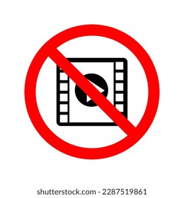 Movie ban icon. Cinema is prohibited. Stop or ban red round sign with movie icon..eps