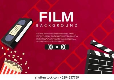 Movie banner design template. Cinema concept with popcorn, film strip and claps. Theatrical cinema poster. Online cinema art to watch movies. Realistic vector illustration.