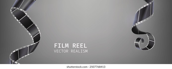 Movie banner with film strip roll on white background with space for text. Realistic 3d vector cinema or photography negative 35mm reel tape. Cinematography and photograph bg with curve filmstrip.