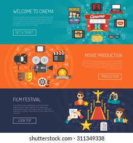 Movie banner horizontal set with film festival flat elements isolated vector illustration