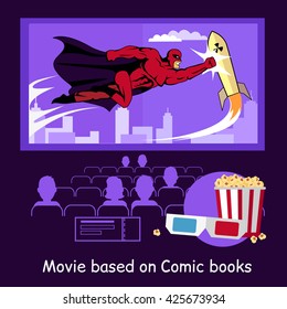 Film auf Comic-Banner basiert. Konzeptuelles Banner-Publikum in einem Kino, das die Premiere des Films auf der Grundlage eines Comics mit Brille und Popcorn-Design-Wohnung sieht. Vektorgrafik