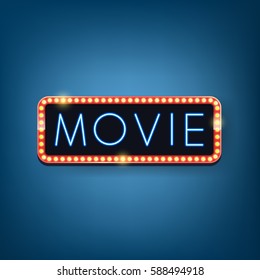 Movie billboard with neon lighting text. Vector illustration.