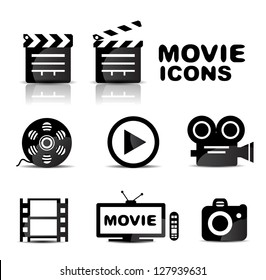 Movie black glossy icon set. Vector illustration