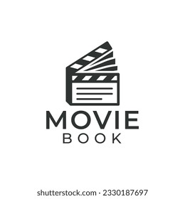 Logo del libro de películas. Tarjeta de pizarra con icono de libro. Diseño del logotipo de producción de películas cinematográficas de cine de vídeo