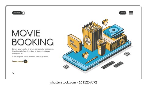 Movie booking isometric landing page, entertainment concept with popcorn, film projector, tickets and coffee cup at smartphone screen on white background. 3d vector illustration, line art web banner