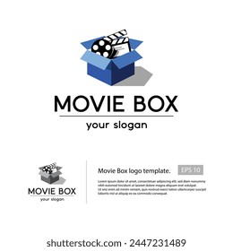 Movie box logo with a blue box that filled with film maker properties such movie roll, that suitable for your movie studio logo.