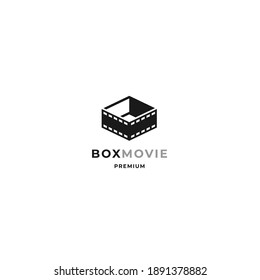 Movie box logo with film strip and open box design concept and minimalist style for movie, film, cinema and digital cinematography business