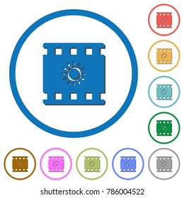Movie brightness flat color vector icons with shadows in round outlines on white background