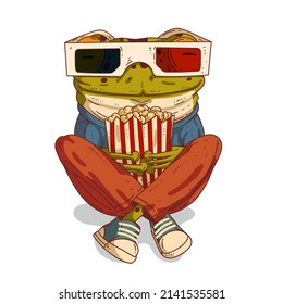 A movie buff, vector illustration. Calm casually dressed anthropomorphic frog wearing 3D glasses, sitting with his legs crossed and holding a popcorn package. An animal character with a human body.