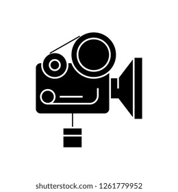 Movie camera black vector concept icon. Movie camera flat illustration, sign