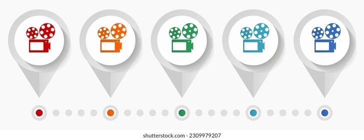 Movie camera, cinema concept vector icons, editable infographic template, set of colorful flat design pointers