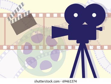 Movie Camera, Clapboard And Films Collage. Vector EPS Illustration.