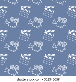 Movie camera and clapper board doodle vector seamless