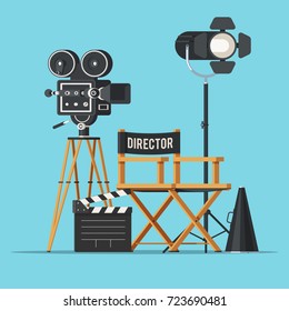 Movie camera with film reels, director chair, searchlight, megaphone and clapperboard. Vintage cinema concept. Vector illustration in trendy flat style design isolated on white background