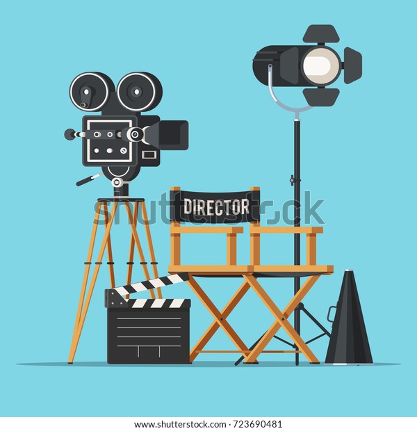 Movie\
camera with film reels, director chair, searchlight, megaphone and\
clapperboard. Vintage cinema concept. Vector illustration in trendy\
flat style design isolated on white\
background