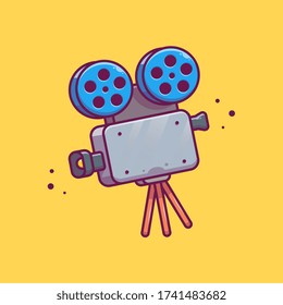 Movie Camera With Film Roll Reel Vector Icon Illustration. Movie Cinema Icon Concept Isolated Premium Vector. Flat Cartoon Style 