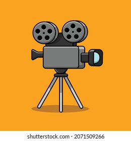 Movie Camera With Film Roll Reel Vector Icon Illustration. Movie Cinema Icon Concept Isolated Premium Vector. Flat Cartoon Style