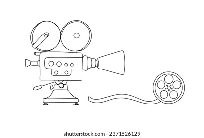 Cámara de cine y tira de película. Equipo para filmar. Día Mundial del Patrimonio Audiovisual. Un dibujo de línea para diferentes usos. Ilustración vectorial.