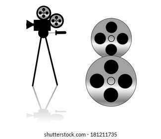 movie camera and film strip on white background