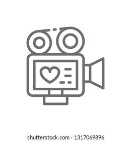 Movie camera with film strip, video of love story, wedding recording line icon.