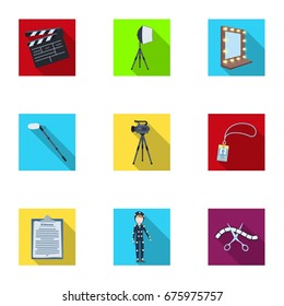 A movie camera, a floodlight, a chromakey and other equipment for the cinema.Making movie set collection icons in flat style vector symbol stock illustration web.