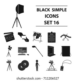 A movie camera, a floodlight, a chromakey and other equipment for the cinema.Making movie set collection icons in black style vector symbol stock illustration web.