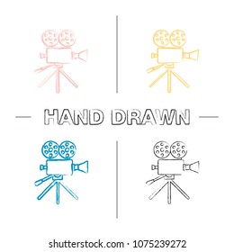 Movie camera hand drawn icons set. Cine camera. Color brush stroke. Isolated vector sketchy illustrations