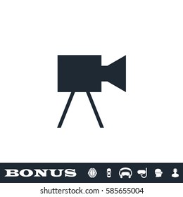 Movie camera icon flat. Black pictogram on white background. Vector illustration symbol and bonus button
