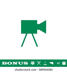 Movie camera icon flat. Green pictogram on white background. Vector illustration symbol and bonus button