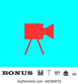 Movie camera icon flat. Red pictogram on blue background. Vector illustration symbol and bonus buttons Music center, corkscrew, credit card, house, drum