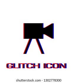 Movie camera icon flat. Simple pictogram - Glitch effect. Vector illustration symbol