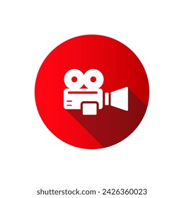 Movie camera icon in flat style on red circle with shadow isolated on white background