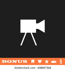 Movie camera icon flat. White pictogram on black background. Vector illustration symbol and bonus button tooth, vase, star, mirror, bottle