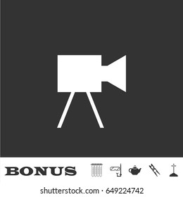 Movie camera icon flat. White pictogram on black background. Vector illustration symbol and bonus icons