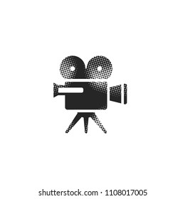 Movie camera icon in halftone style. Black and white monochrome vector illustration.