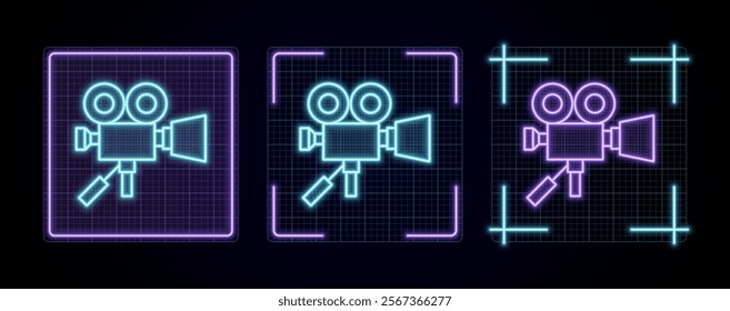 Movie camera icon illustration, cyber neon visual, glowing border grid vector.