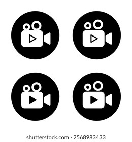 Movie camera icon set on black circle. Video cinema sign symbol