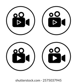 Movie camera icon set on circle line. Video cinema sign symbol