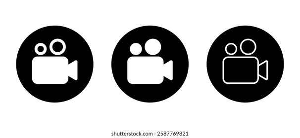 Movie camera icon set on black circle. Cinema video sign symbol