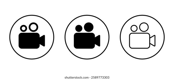 Movie camera icon set on circle line. Cinema video sign symbol