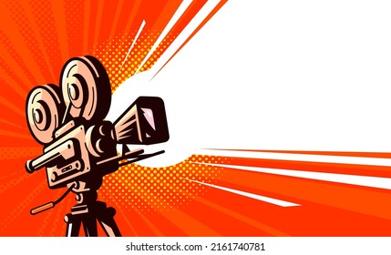 Movie camera with light beam. Video projector, cinema poster background. Vector illustration