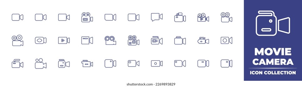 Movie camera line icon collection. Editable stroke. Vector illustration. Containing video camera, videocamera, zoom, video call, video production, camera recorder, video, camera, camcorder.