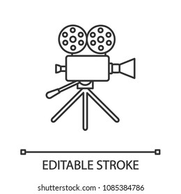 Movie camera linear icon. Thin line illustration. Cine camera. Contour symbol. Vector isolated outline drawing. Editable stroke