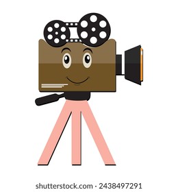 Movie camera mascots character, Retro movie film mascot cartoon style Vector hand drawn illustration, suitable for cinema and children's filmmaking themes